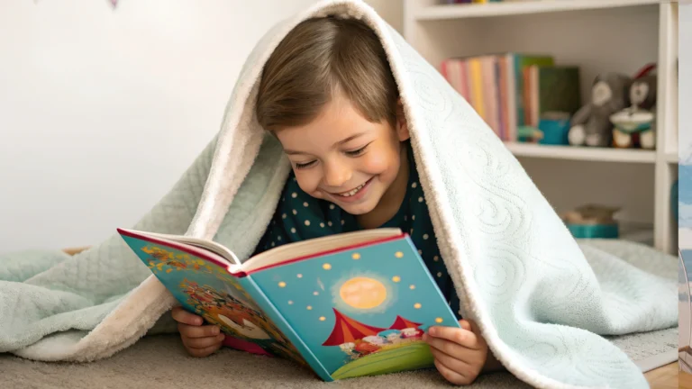 A smiling young child lies under a blanket, reading a colorful book as part of their homeschool evening routine in a cozy room with shelves and toys in the background.