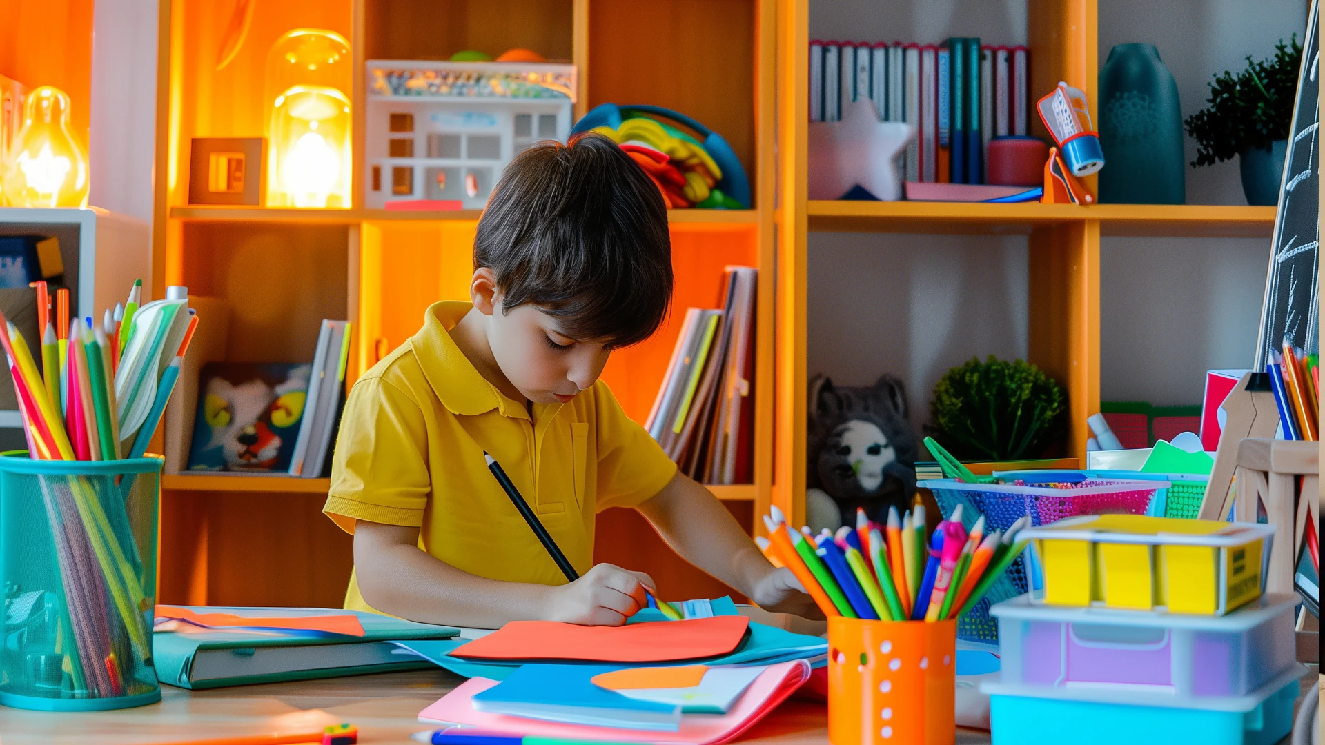 A young child in a yellow shirt draws with colored pencils at a desk covered with art supplies, books, and paper—showcasing clever homeschool organization hacks in a brightly lit, colorful room filled with neatly arranged toys and books.