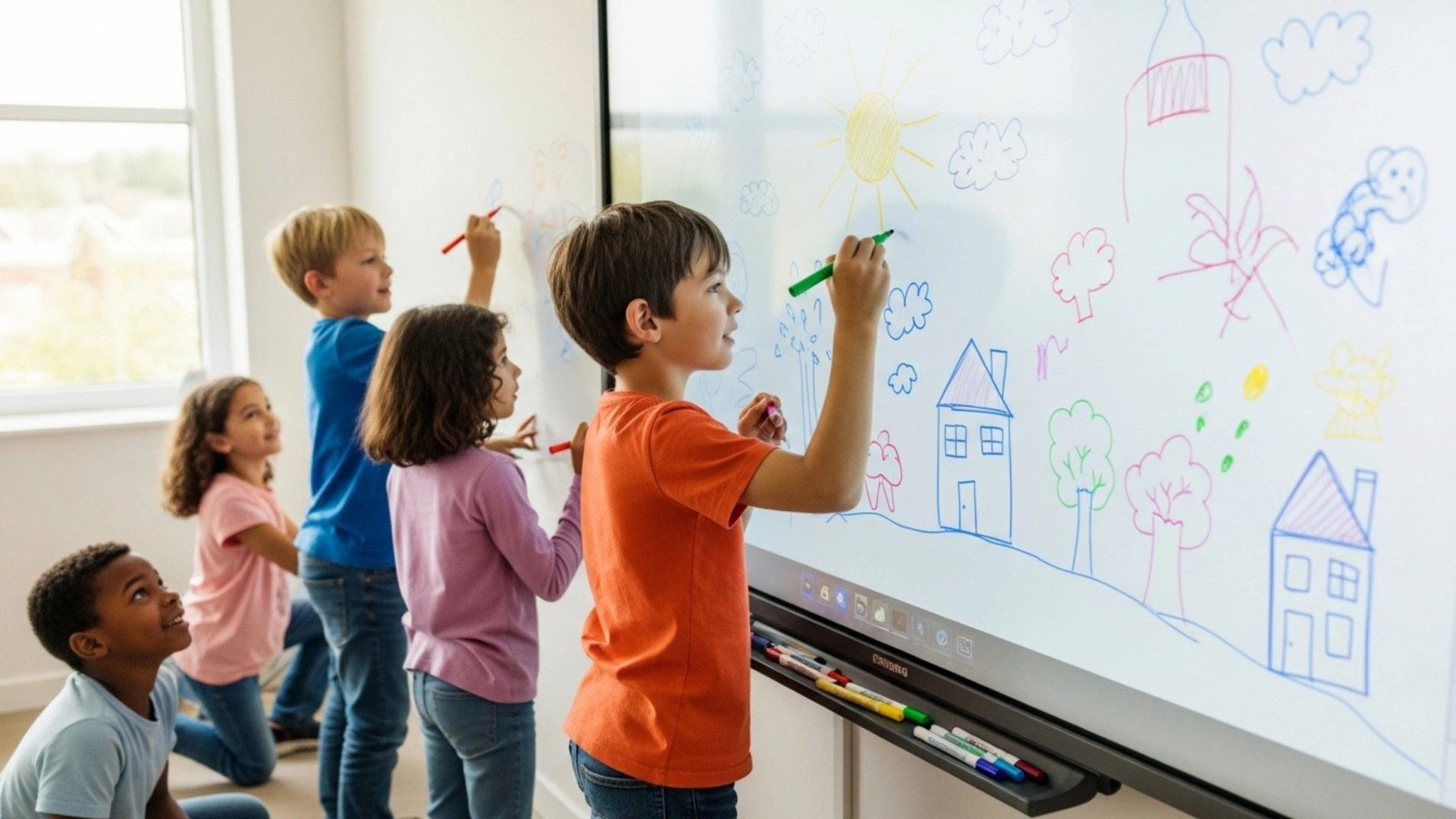 Five young children in a brightly lit classroom, part of a Homeschool Co-op, draw colorful houses, trees, clouds, and animals on a large whiteboard. They use various colored markers and appear focused and cheerful.