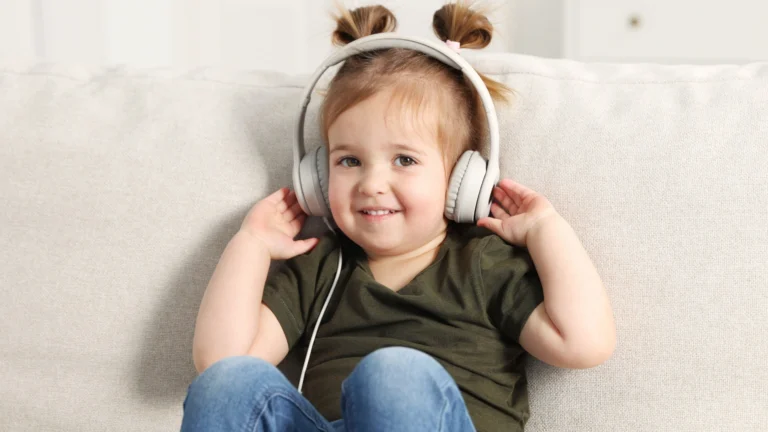 A young child with pigtails sits on a light-colored couch, smiling and wearing large white headphones. The child is dressed in a green shirt and blue jeans, appearing happy and relaxed while listening to engaging reading comprehension activities.