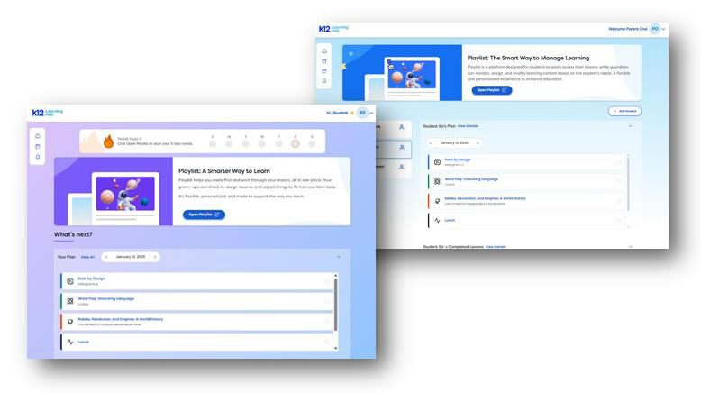 Two overlapping screenshots of an online learning platform dashboard featuring course progress, a play button for a learning video, a welcome message, navigation menus, and task lists on a clean, modern interface.