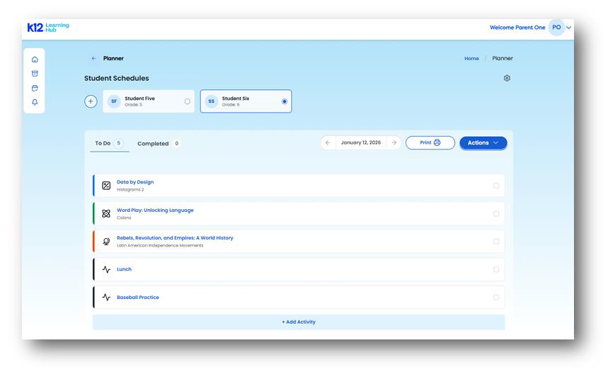Screenshot of a student schedule planner with activities listed for two students. Activities include Data by Design, WordPlay, Rabbits, lunch, and Baseball Practice. Navigation and action buttons appear at the top and side.