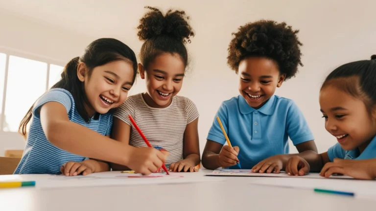 Four children sit at a table, smiling and drawing with colored pencils on white paper. The bright, minimal background creates a cheerful and engaging atmosphere—perfect for fostering creativity in settings such as Online Homeschool Groups.