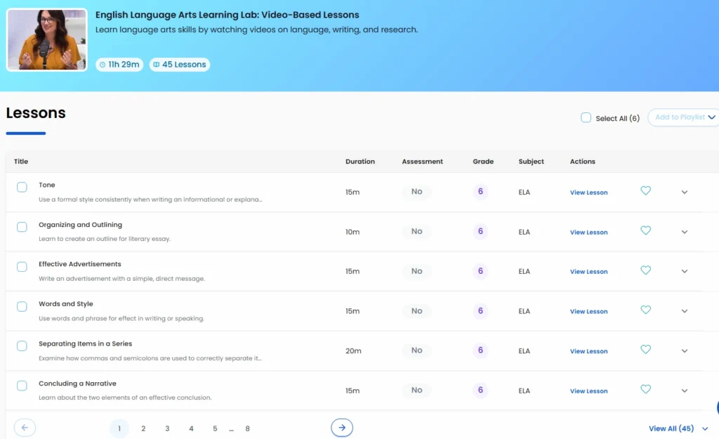 Screenshot of an online course dashboard showing a list of English Language Arts video lessons, each with columns for title, duration, assessment, grade, subject, and action buttons to view or favorite the lesson.