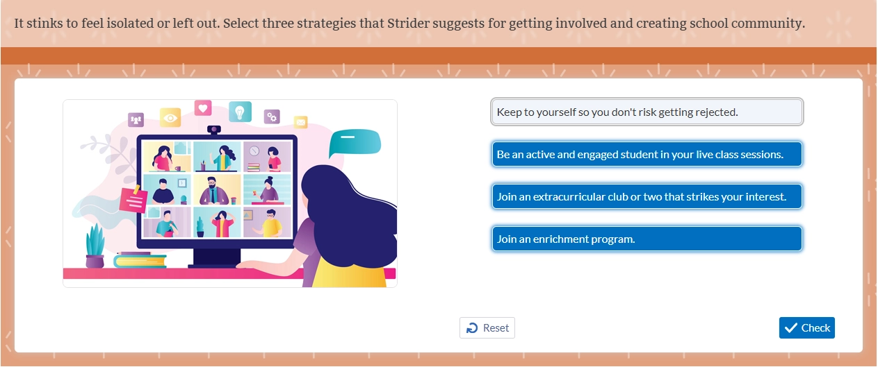 A student sits at a desk viewing a virtual classroom with multiple participants on a monitor. On the right, four suggested strategies for getting involved—like joining Online Homeschool Groups—are displayed, with three selected and checked.