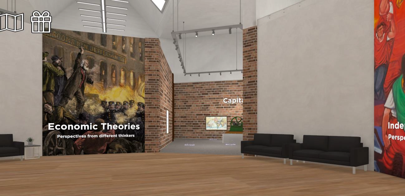 A virtual museum room with wooden floors, brick walls, and modern black sofas. Large murals on the walls display “Economic Theories” and colorful artwork. Skylights let in natural light from above.