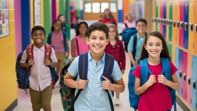 A group of diverse children with backpacks walk smiling through a brightly colored school hallway lined with lockers, excited for a new year of learning and back to school planning.