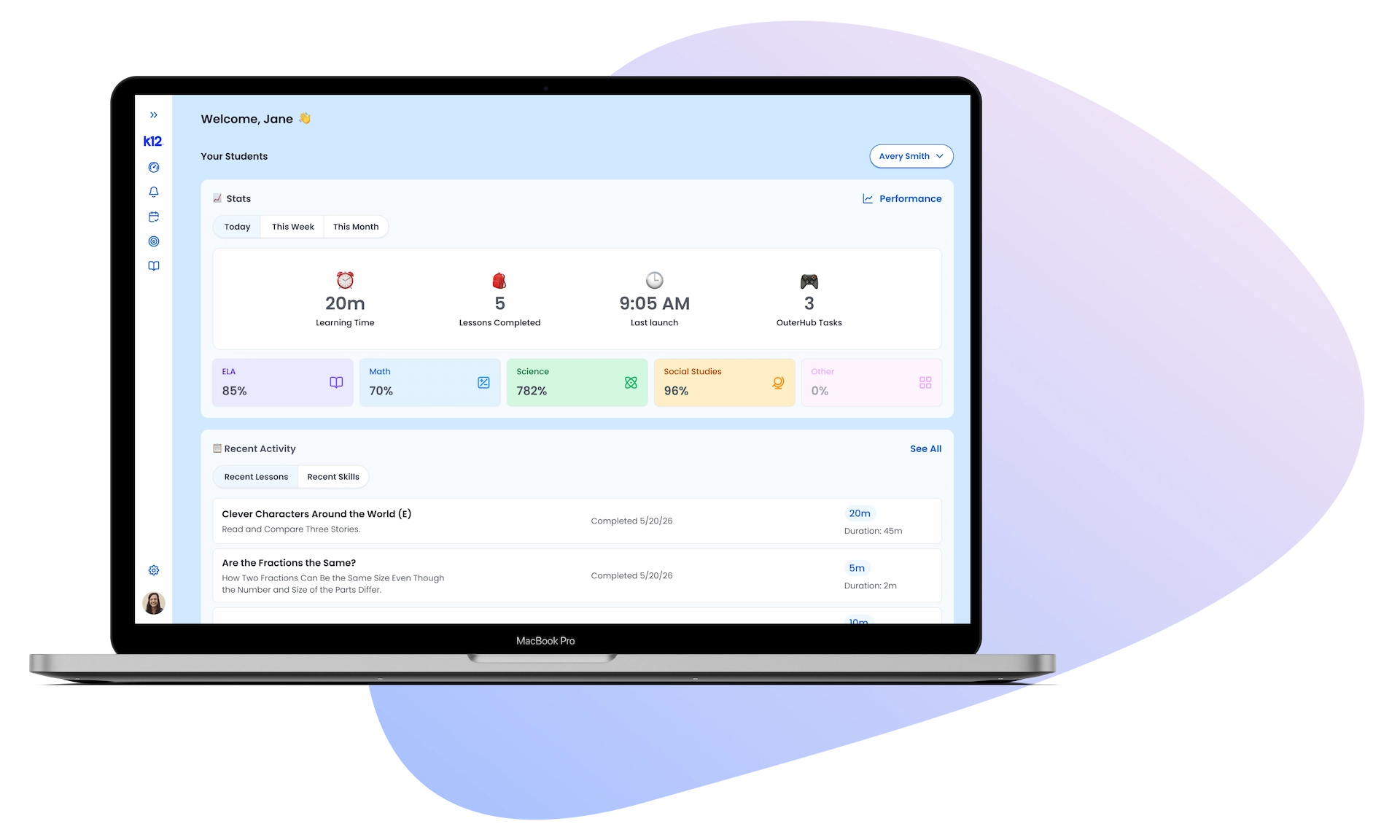 A laptop screen displays an educational dashboard within a private learning hub, showcasing student progress metrics such as learning time, activities completed, and achievements, all set against a pastel blue and purple background.