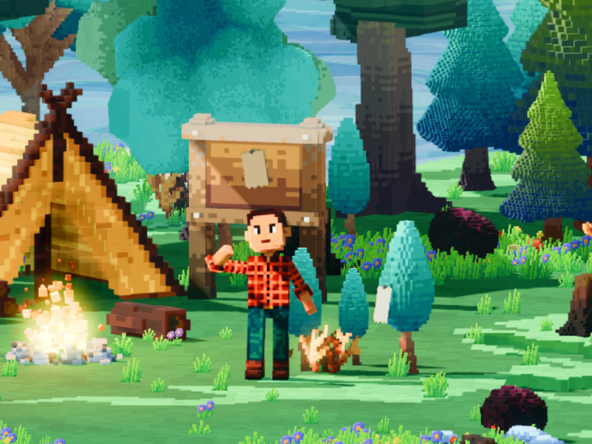 A pixel art character stands by a tent, crate, and campfire in a vibrant forest scene with trees, flowers, and grass under a blue sky, creating the perfect setting for a woodland learning hub.