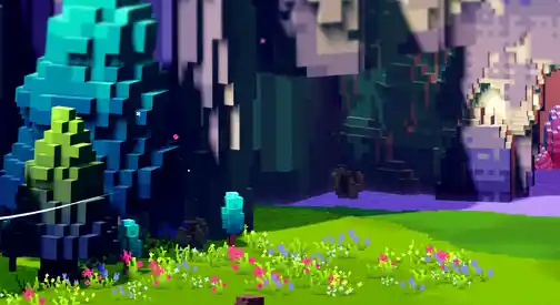 A colorful, pixel-art landscape with bright green grass, small pink and blue flowers, and blocky, blue-green trees, resembling a scene from a video game—a perfect setting for a vibrant learning hub.