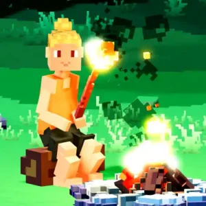 Blocky, animated character with blond hair in a bun sits by a campfire at night, holding a stick with a torch. This peaceful pixel art scene, set on green grass and framed by dark trees in the background, feels like an inviting learning hub under the stars.