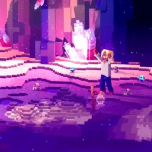 A pixel art scene shows a person with raised arms standing on alien terrain with pink crystals and glowing objects, under a starry sky with purple tones, evoking the atmosphere of a cosmic learning hub where discovery knows no bounds.
