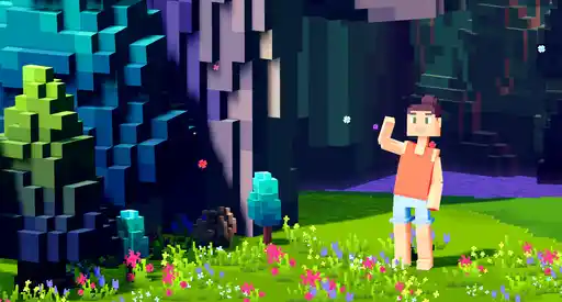 A person in a blocky, pixel-art style stands in a colorful, vibrant landscape with trees, grass, and flowers, waving with one hand. The environment is bright and resembles a scene from a voxel video game, evoking the feel of a lively learning hub where creativity and discovery thrive.